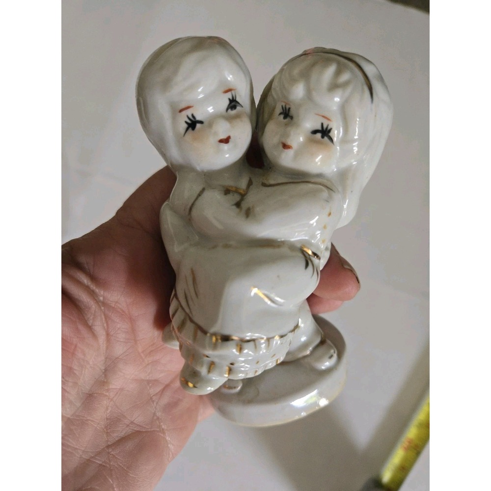 Vintage Bride & Groom Ceramic Cake Topper 4" Made In Korea White Gold Wedding